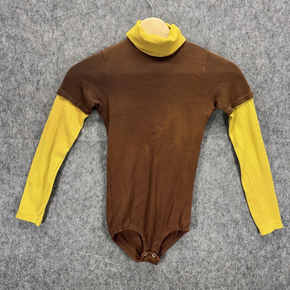 True Vintage Bodysuit Women Medium 70s Brown Yellow Stretch Turtle Neck Sleeves